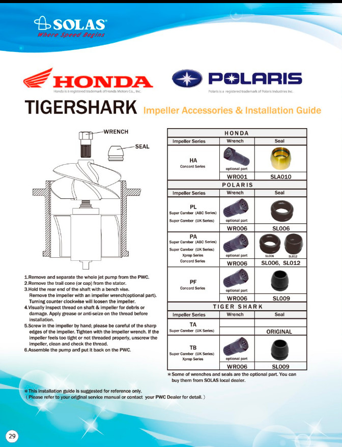 Jet Ski Impeller Tools And Seals Chart For Honda, Polaris And TigerShark