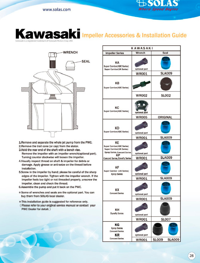 Kawasaki Jet Ski Impeller Tools And Seals Chart